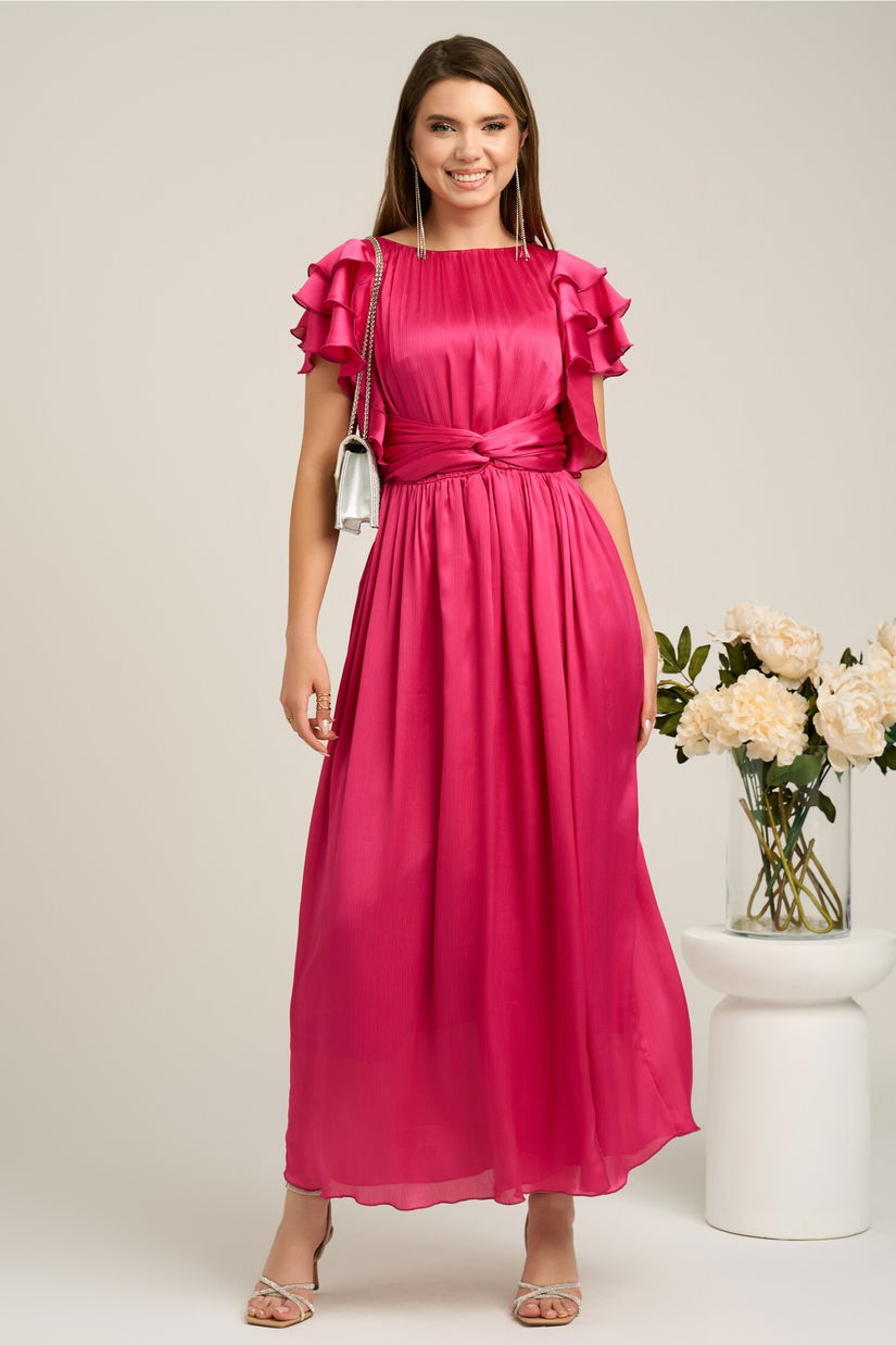 Rochie Moze lunga eleganta din voal fucsia cu volanase la maneci- Moze