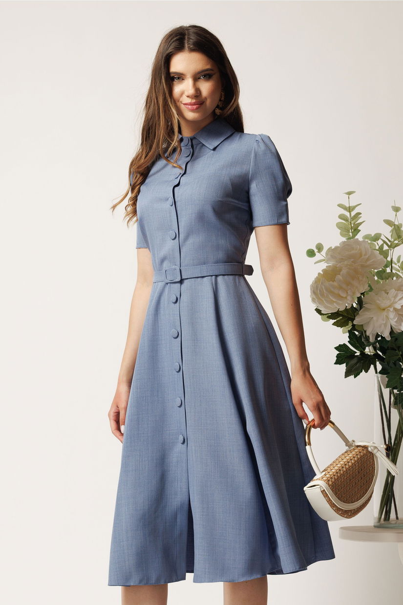 Rochie DY Fashion albastra in clos cu nasturi si curea in talie