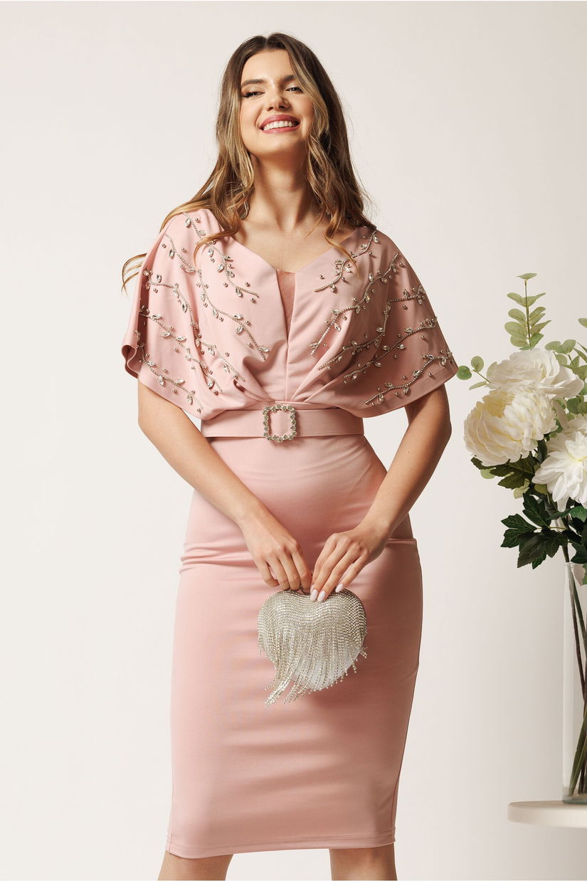 Rochie midi roz din neopren conica cu strasuri pe bust si curea in talie