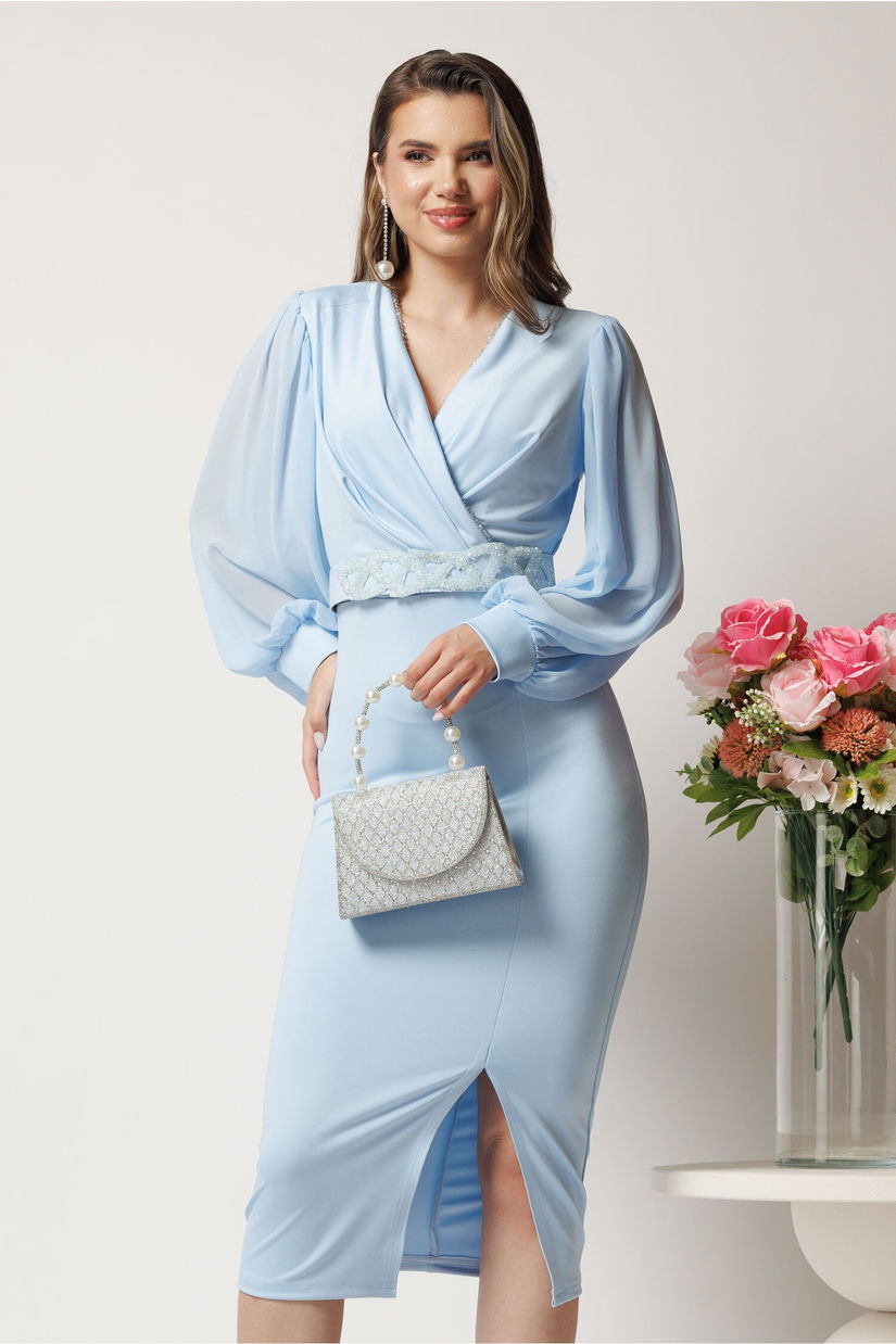 Rochie midi bleu conica cu margele la decolteu si curea in talie