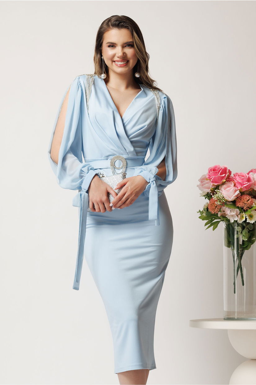 Rochie midi bleu din neopren cu franjuri din strasuri la umeri si curea in talie