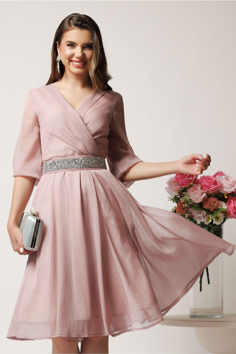 Rochie midi roz in clos cu fir lurex si cordon cu strasuri-Ella Collection Julia