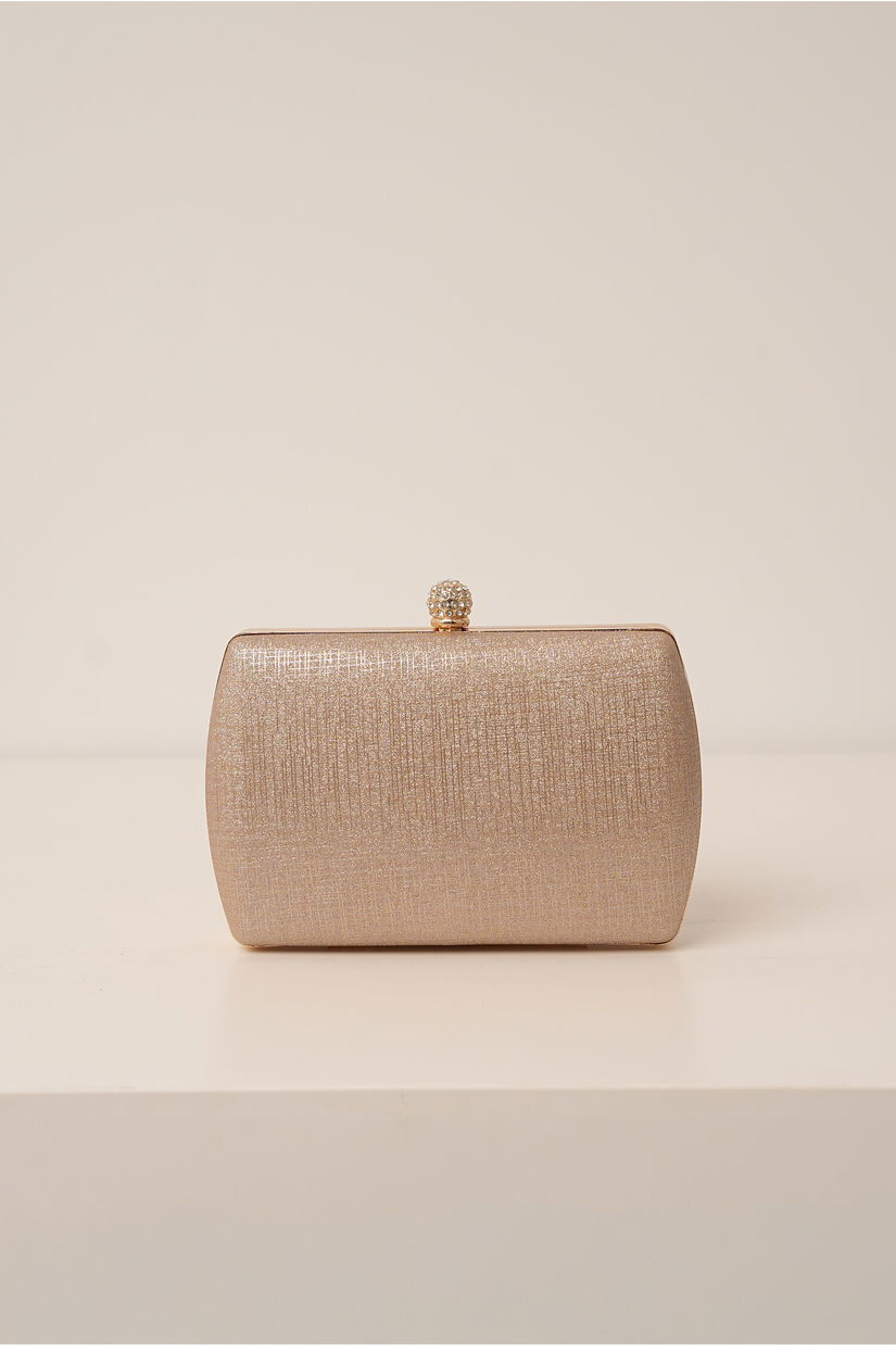 Clutch auriu cu fir lurex si inchidere metalica cu strasuri