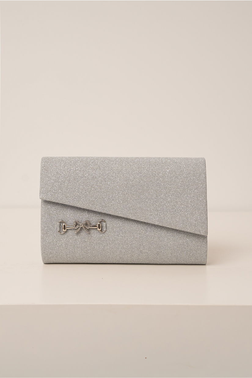 Clutch argintiu cu glitter si accesoriu fundita