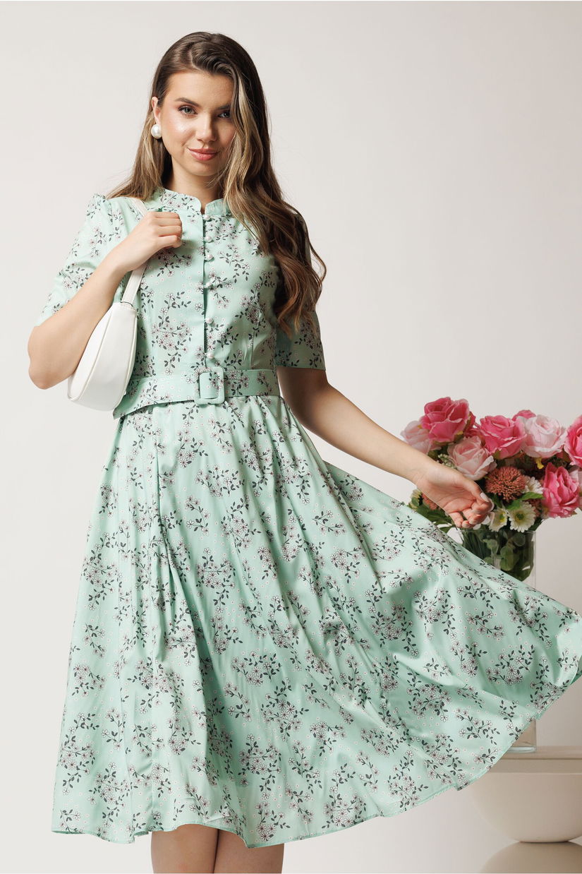 Rochie DY Fashion midi vernil in clos din triplu voal cu floricele si curea in talie