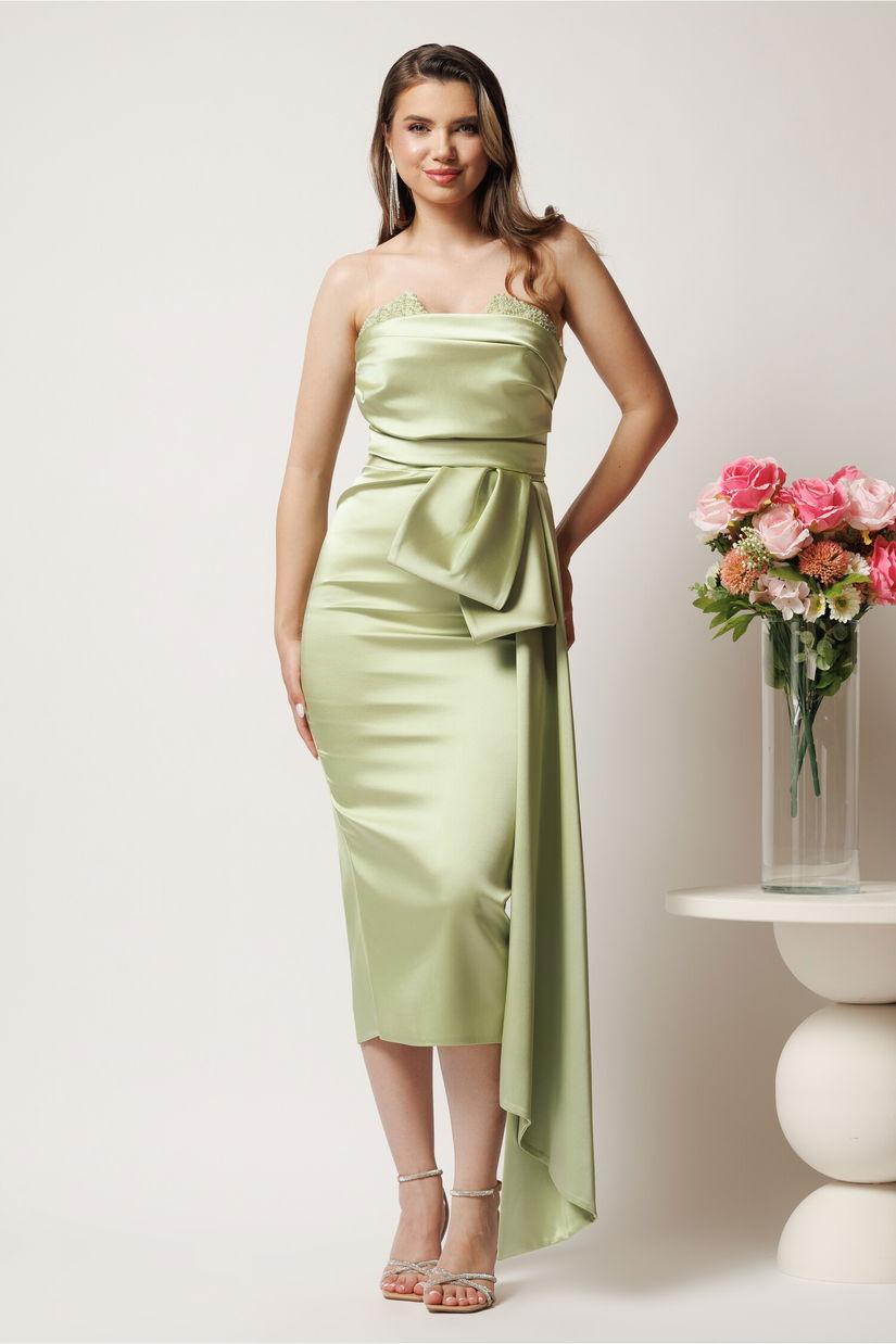 Rochie midi verde conica din tafta cu funda in talie si perle la decolteu