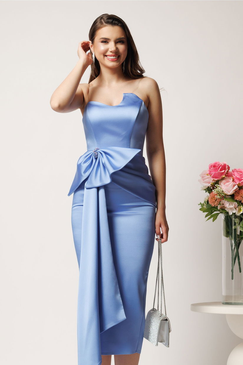 Rochie midi bleu conica din tafta cu funda in talie