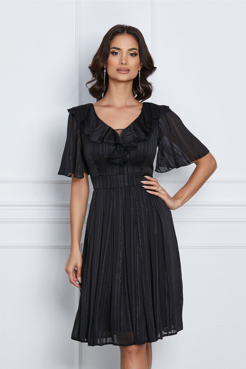 Rochie midi neagra din voal in clos cu insertii din fir lurex si volan la bust