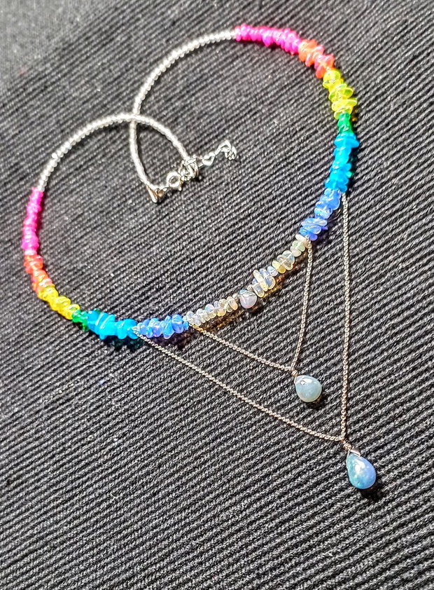 Colier argint opal de foc etiopian labradorit multicolor curcubeu rainbow picaturi lant argint minimalist boho chic trendy - Transport gratuit