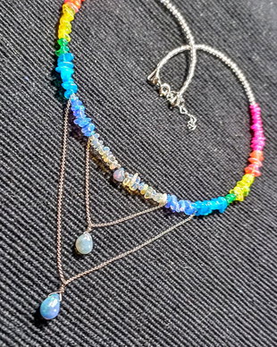 Colier argint opal de foc etiopian labradorit multicolor curcubeu rainbow picaturi lant argint minimalist boho chic trendy - Transport gratuit
