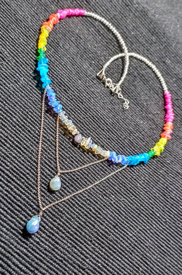 Colier argint opal de foc etiopian labradorit multicolor curcubeu rainbow picaturi lant argint minimalist boho chic trendy - Transport gratuit