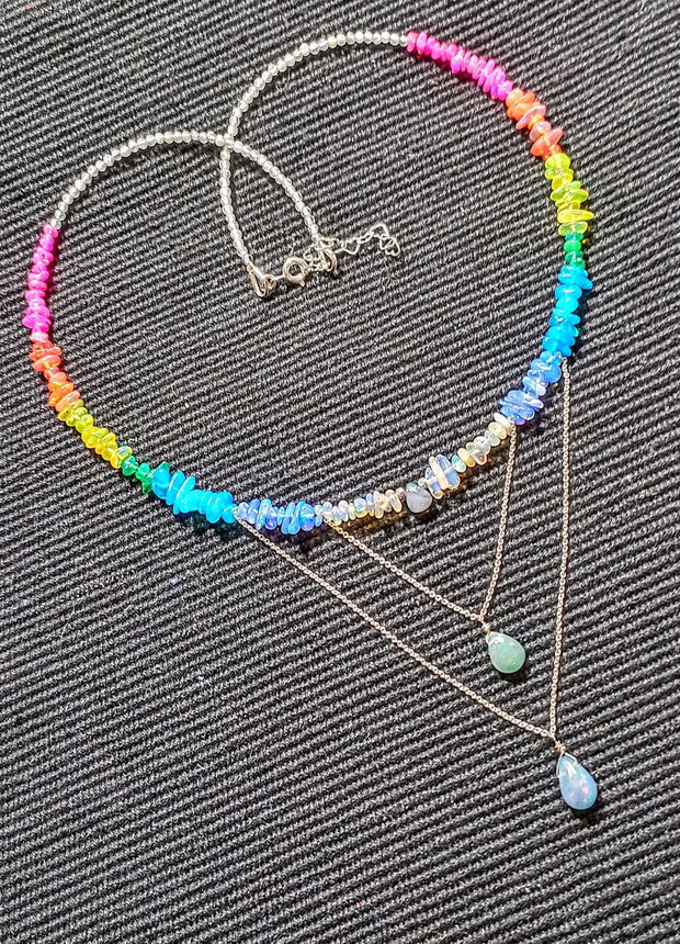 Colier argint opal de foc etiopian labradorit multicolor curcubeu rainbow picaturi lant argint minimalist boho chic trendy - Transport gratuit