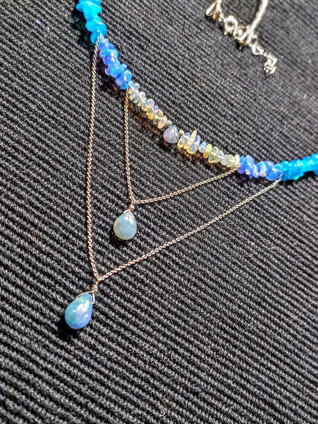 Colier argint opal de foc etiopian labradorit multicolor curcubeu rainbow picaturi lant argint minimalist boho chic trendy - Transport gratuit