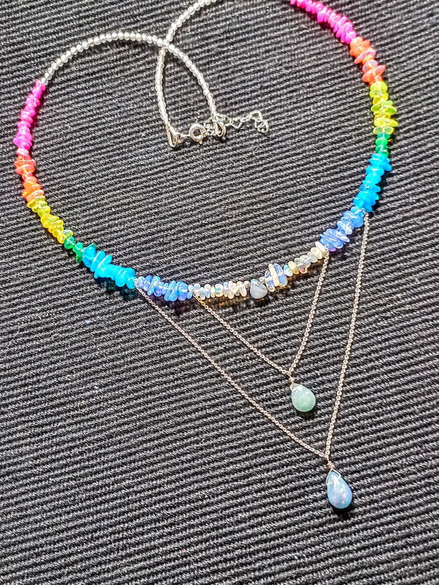 Colier argint opal de foc etiopian labradorit multicolor curcubeu rainbow picaturi lant argint minimalist boho chic trendy - Transport gratuit
