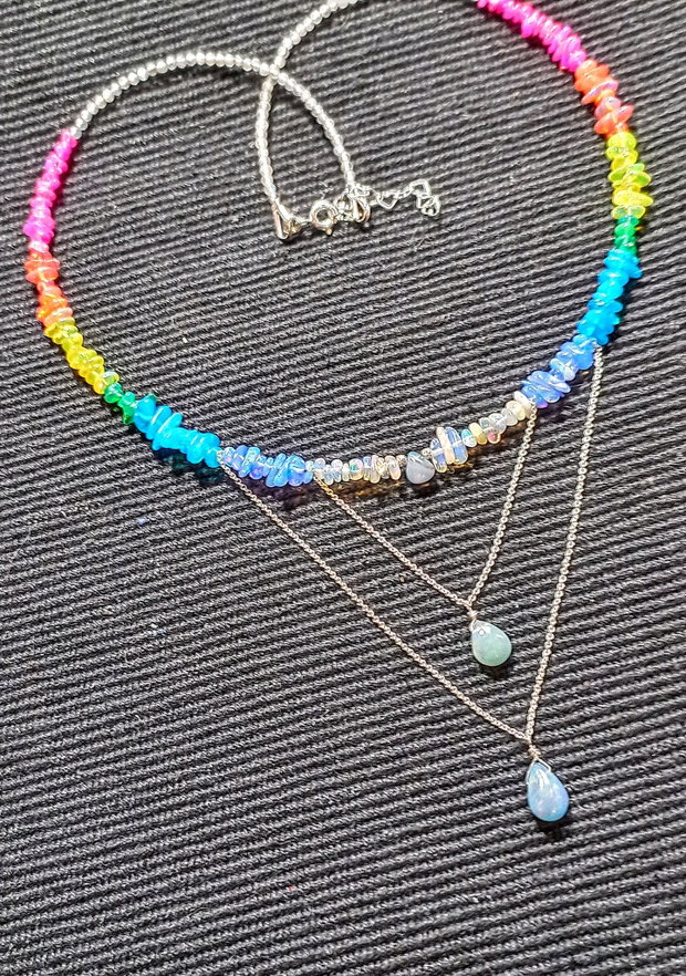 Colier argint opal de foc etiopian labradorit multicolor curcubeu rainbow picaturi lant argint minimalist boho chic trendy - Transport gratuit