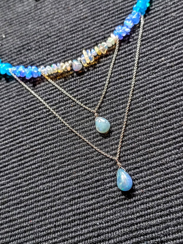 Colier argint opal de foc etiopian labradorit multicolor curcubeu rainbow picaturi lant argint minimalist boho chic trendy - Transport gratuit