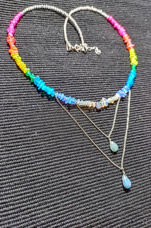 Colier argint opal de foc etiopian labradorit multicolor curcubeu rainbow picaturi lant argint minimalist boho chic trendy - Transport gratuit