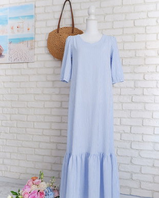 Rochie Lunga Volan Muselina Dungi Alb Bleu