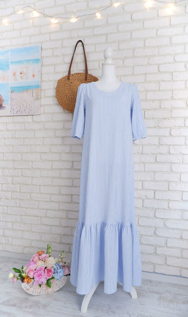 Rochie Lunga Volan Muselina Dungi Alb Bleu