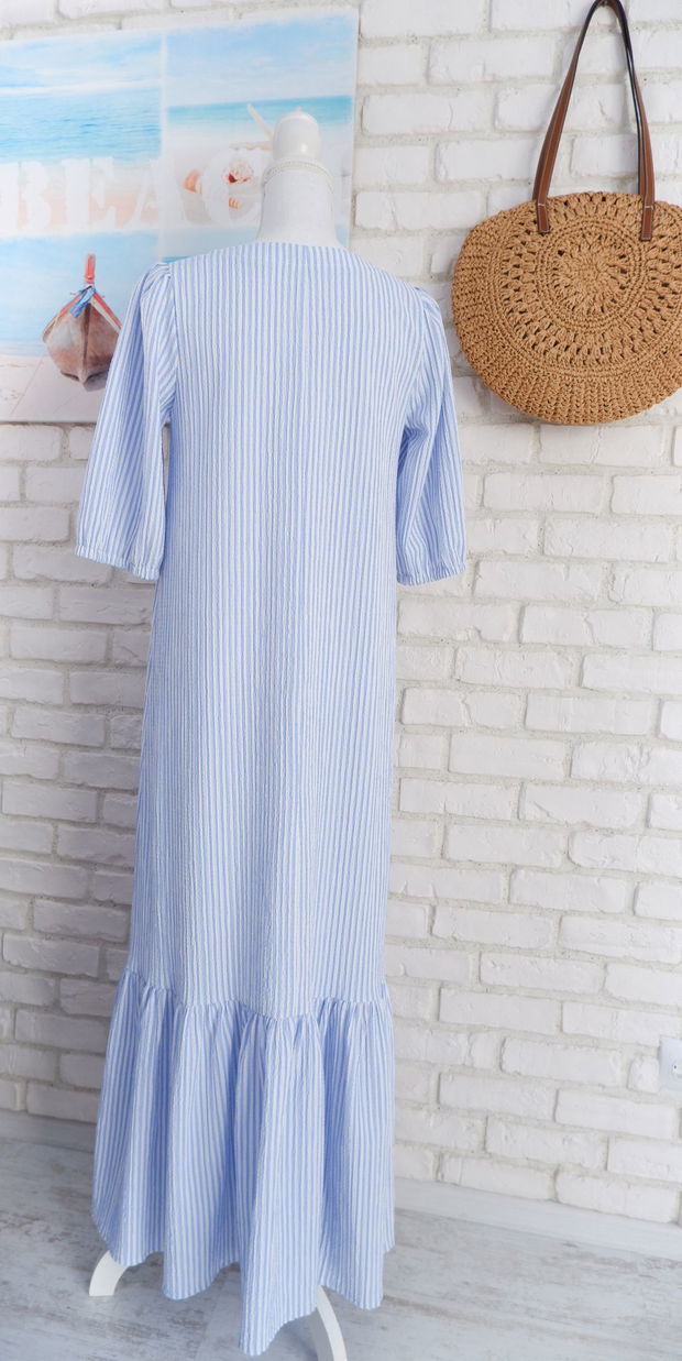 Rochie Lunga Volan Muselina Dungi Alb Bleu