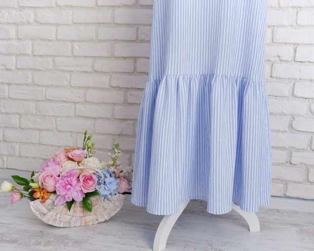 Rochie Lunga Volan Muselina Dungi Alb Bleu