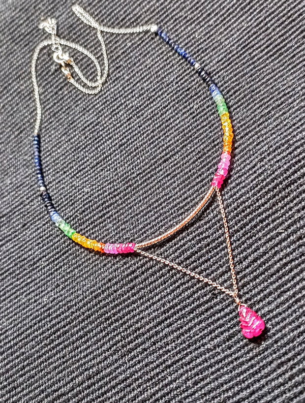 Colier argint rubin safir galben padparadscha  albastru smarald lant argint brioleta rubin gravata gradient degrade multicolor minimalist boho chic trendy - Transport gratuit