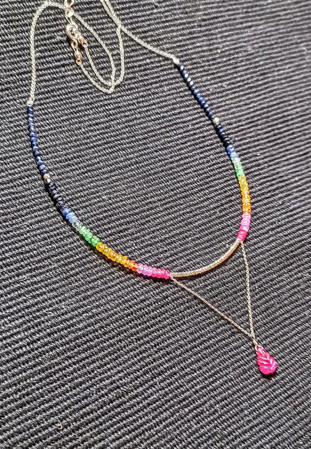 Colier argint rubin safir galben padparadscha  albastru smarald lant argint brioleta rubin gravata gradient degrade multicolor minimalist boho chic trendy - Transport gratuit