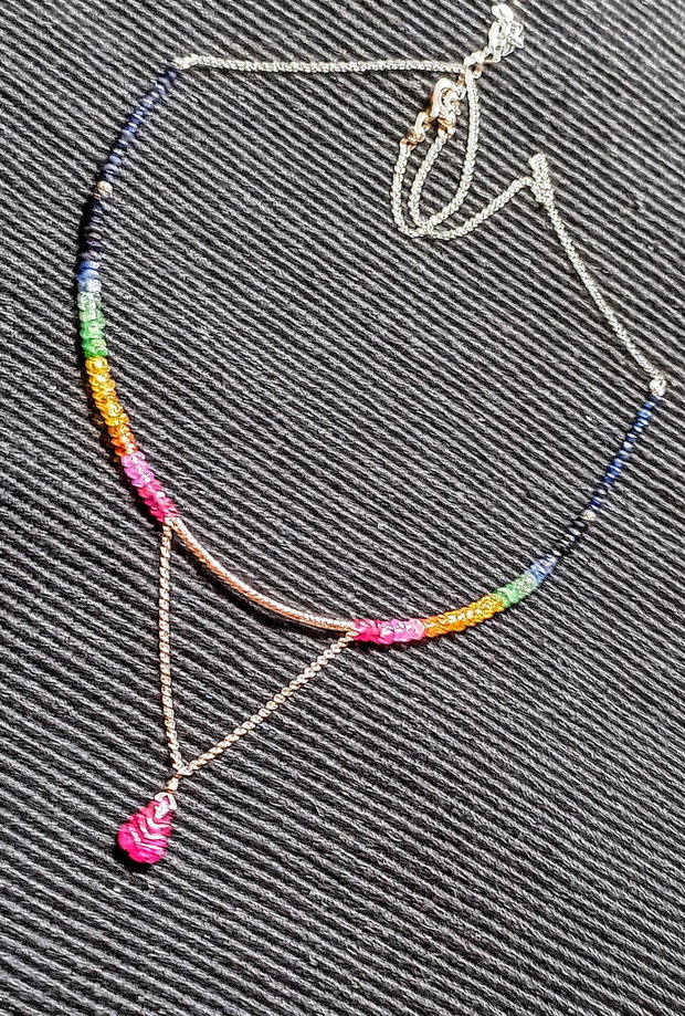 Colier argint rubin safir galben padparadscha  albastru smarald lant argint brioleta rubin gravata gradient degrade multicolor minimalist boho chic trendy - Transport gratuit