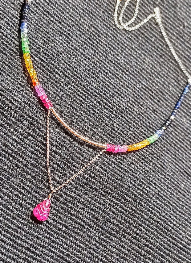 Colier argint rubin safir galben padparadscha  albastru smarald lant argint brioleta rubin gravata gradient degrade multicolor minimalist boho chic trendy - Transport gratuit