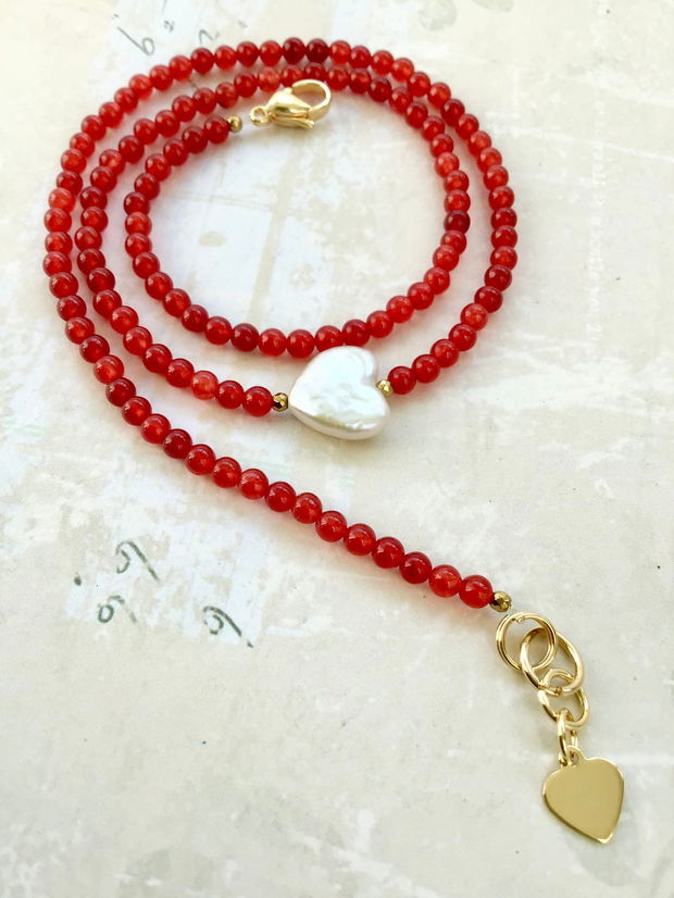 Set Colier și cercei carneol & inimi perle baroc albe