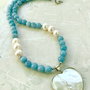 Colier aquamarin / acvamarin, perle de cultura & inima sidef alb