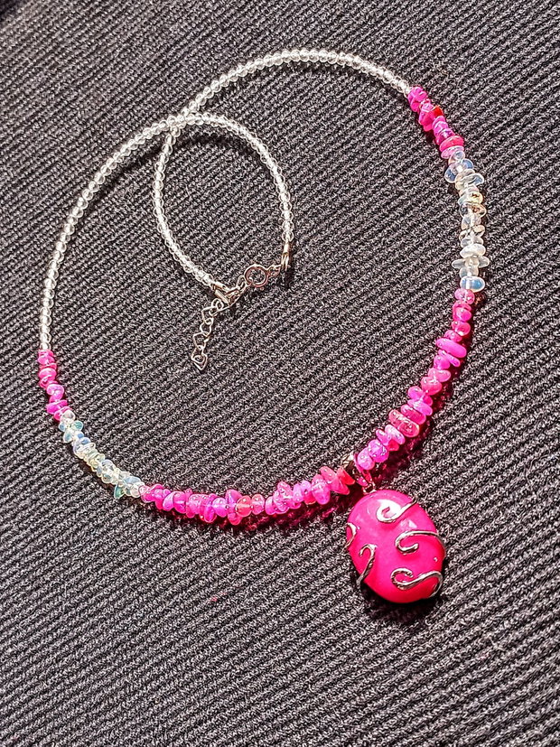 Colier argint opal de foc etiopian cristal de stanca medalion jad mashan argint bicolor boho chic trendy - Transport gratuit