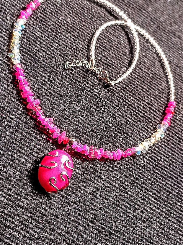Colier argint opal de foc etiopian cristal de stanca medalion jad mashan argint bicolor boho chic trendy - Transport gratuit