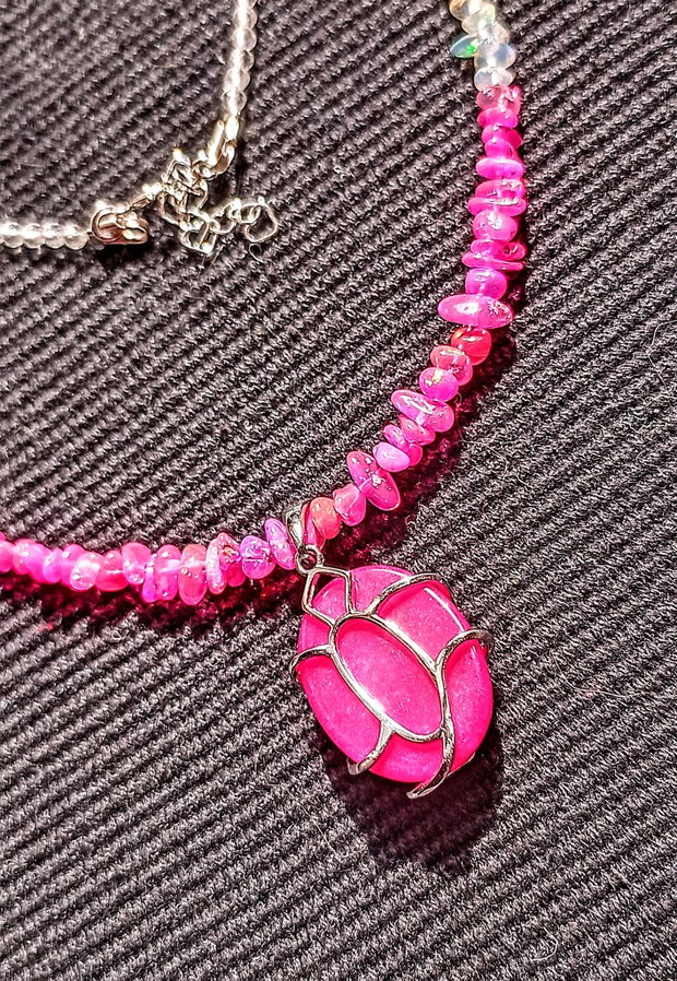 Colier argint opal de foc etiopian cristal de stanca medalion jad mashan argint bicolor boho chic trendy - Transport gratuit
