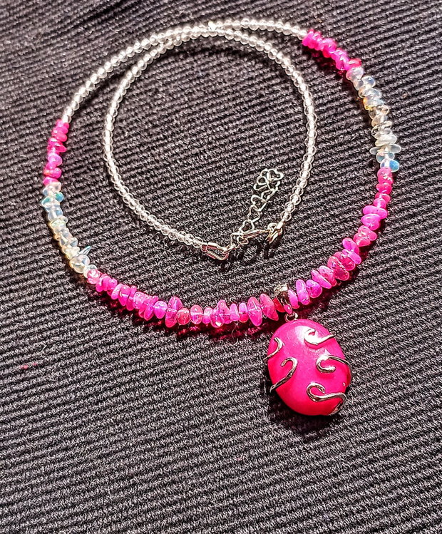 Colier argint opal de foc etiopian cristal de stanca medalion jad mashan argint bicolor boho chic trendy - Transport gratuit