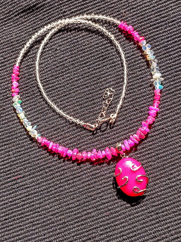 Colier argint opal de foc etiopian cristal de stanca medalion jad mashan argint bicolor boho chic trendy - Transport gratuit