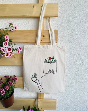 Tote bag Carte și liniște, pictat manual