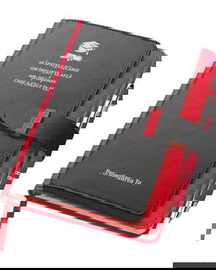Agenda A5 rosie, Piksel, cu buzunar si suport carti de vizita, dictando, profesori, absolvire