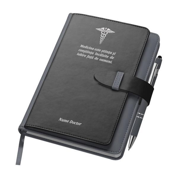 Agenda A5 gri, Piksel, cu buzunar si suport carti de vizita, dictando, Medicina, Doctor