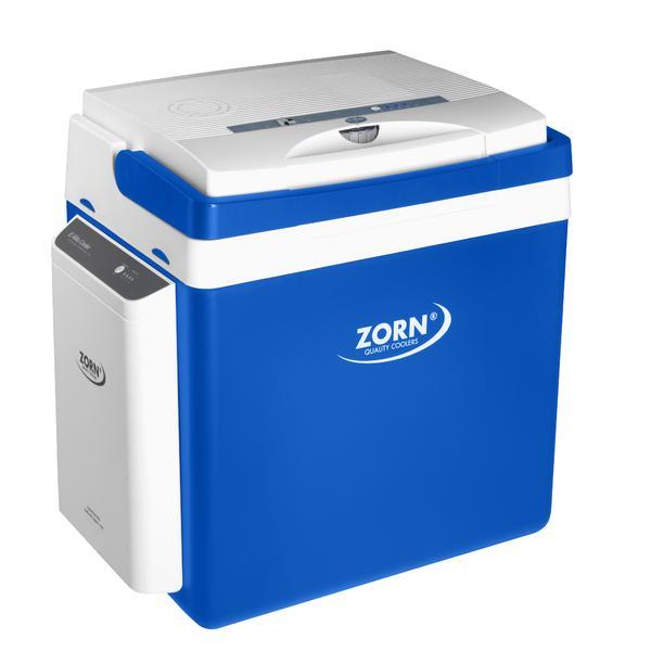 Lada frigorifica auto si camping Zorn Z 26 LNE, 25 litri, alimentare 12V/230V + acumulator extern Li-ion 7.8 Ah, racire-incalzire, alb-albastru