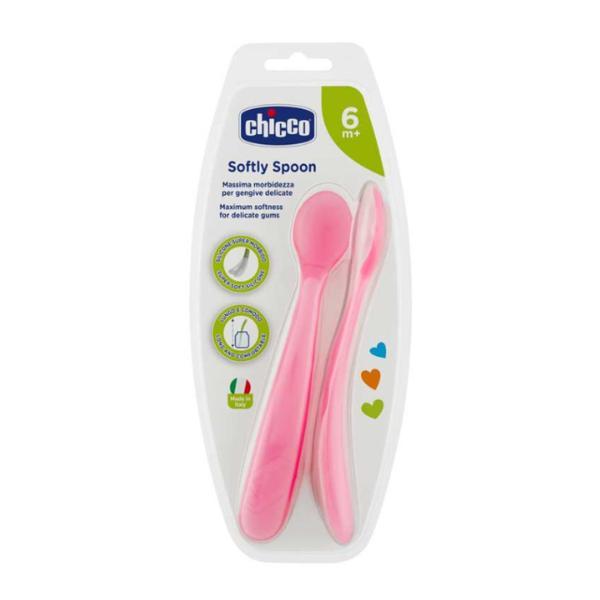 Set 2 lingurite din silicon pentru bebelusi 6+ luni, Chicco, roz