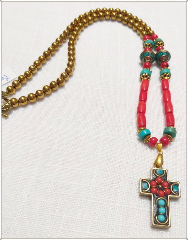 COLIER-HEMATIT AURIU, CORAL ROSU,TURQOISE SI MARGELE TIBETANE