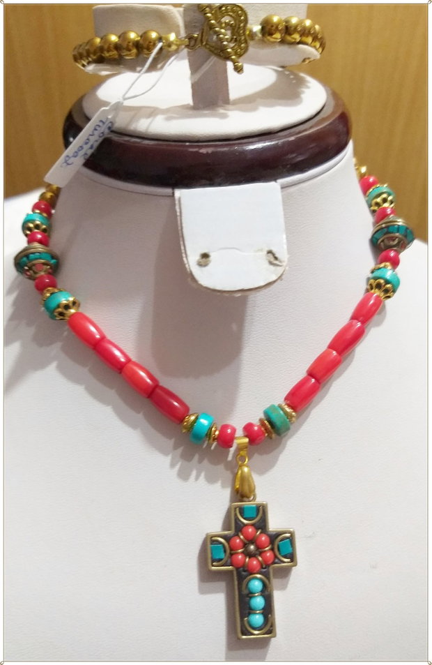COLIER-HEMATIT AURIU, CORAL ROSU,TURQOISE SI MARGELE TIBETANE