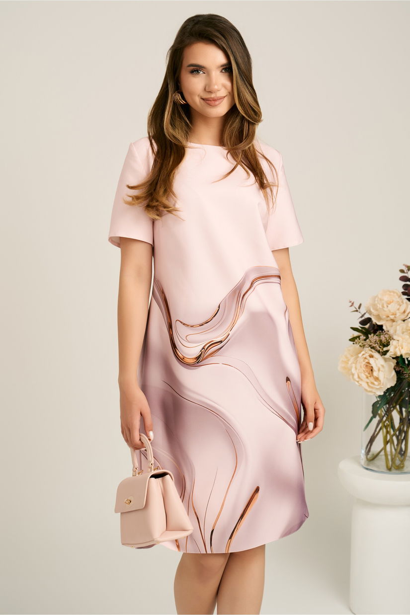 Rochie midi roz cu imprimeu maro din stofa cu croi drept