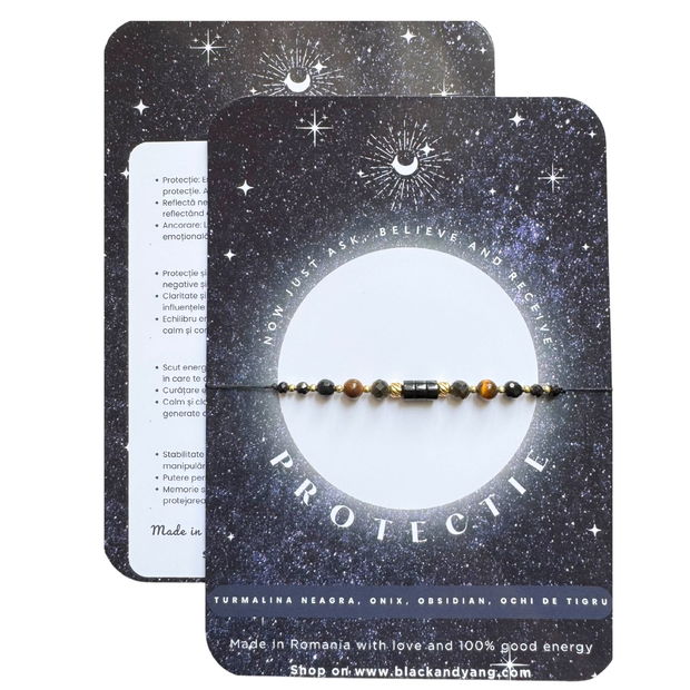 Bratara energetica mix cristale pentru protectie - turmalina neagra, onix, obsidian, ochi de tigru - auriu
