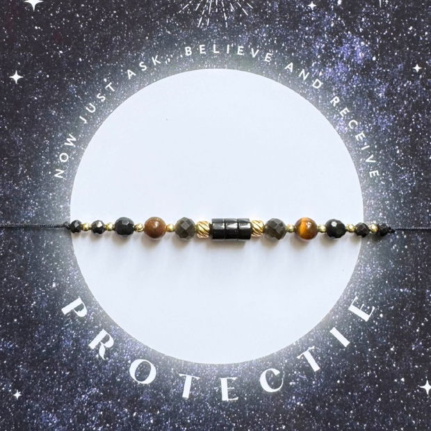 Bratara energetica mix cristale pentru protectie - turmalina neagra, onix, obsidian, ochi de tigru - auriu