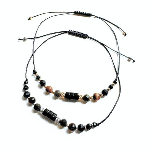 Bratara energetica mix cristale pentru protectie - turmalina neagra, onix, obsidian, ochi de tigru - auriu