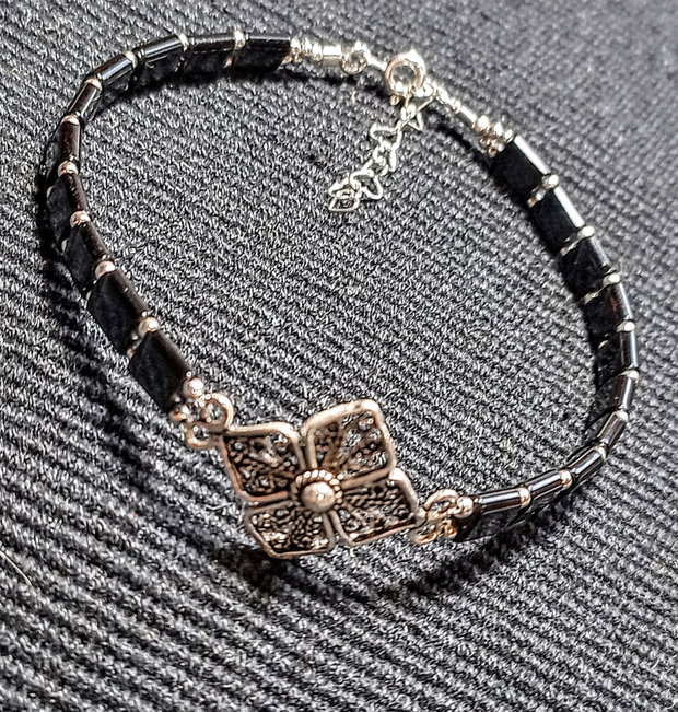 Bratara argint agat negru conector filigranat argint floare boho chic trendy - Transport gratuit