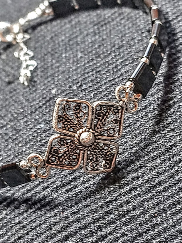 Bratara argint agat negru conector filigranat argint floare boho chic trendy - Transport gratuit