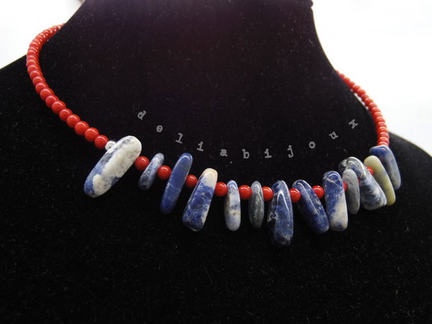 Colier statement handmade unicat - sodalit si coral (cod1253)
